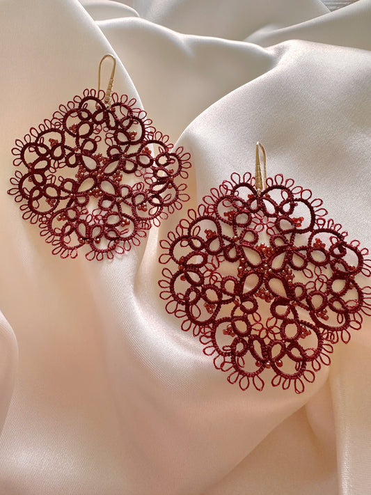 Burgundy Tatting Lace Earrings: 14K Gold Plated, Frivolité Jewelry