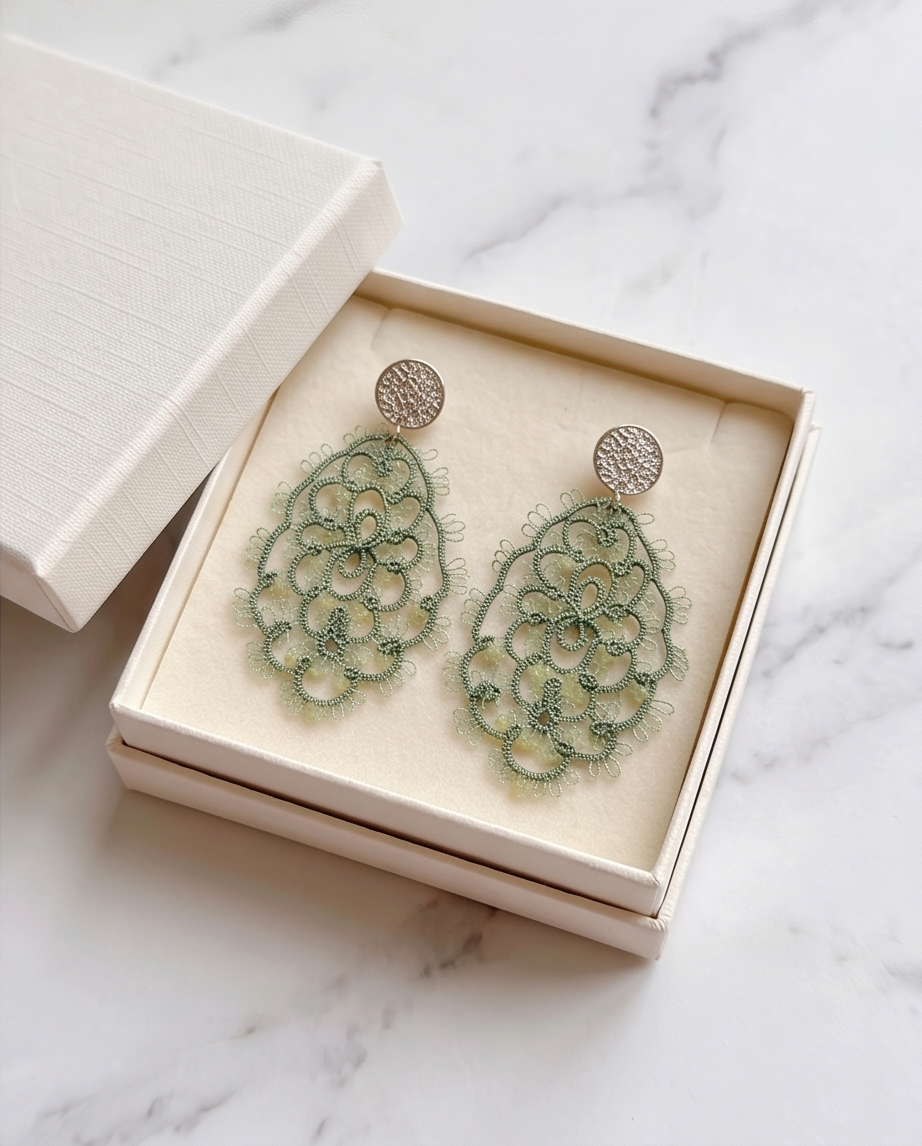 Handcrafted Tatting Earrings with Peridot Beads | Silver Hook