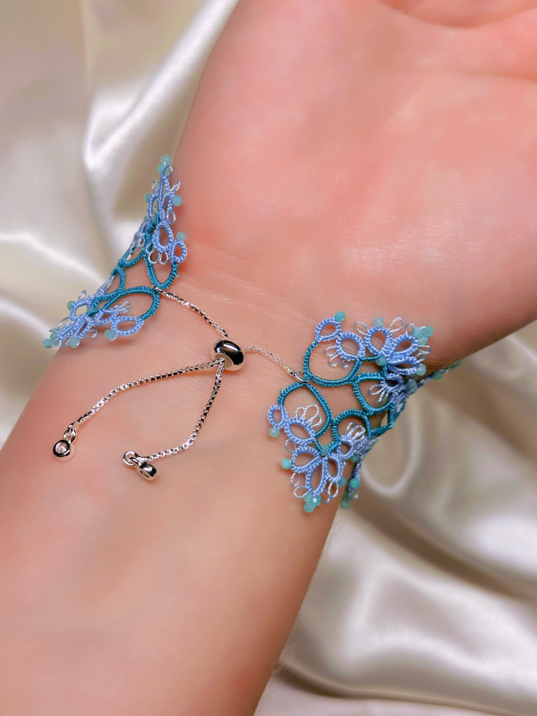 Delicate Blue Tatting Bracelet with Aquamarine Beads – Adjustable Handmade Lace Jewelry