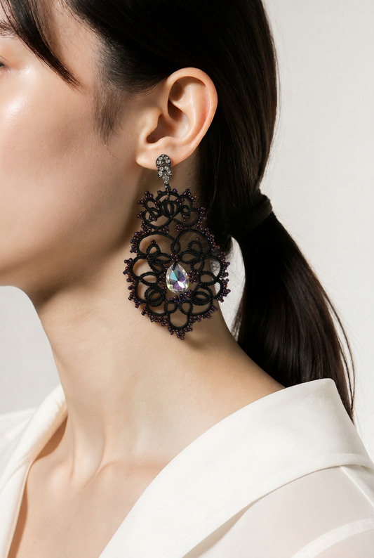 Velvet Twilight - Black Lace Earrings with Zircons and 925 Silver Findings
