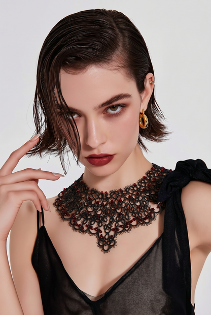 Dark Romance Lace Necklace – Victorian Gothic Jewelry with Crimson Accents