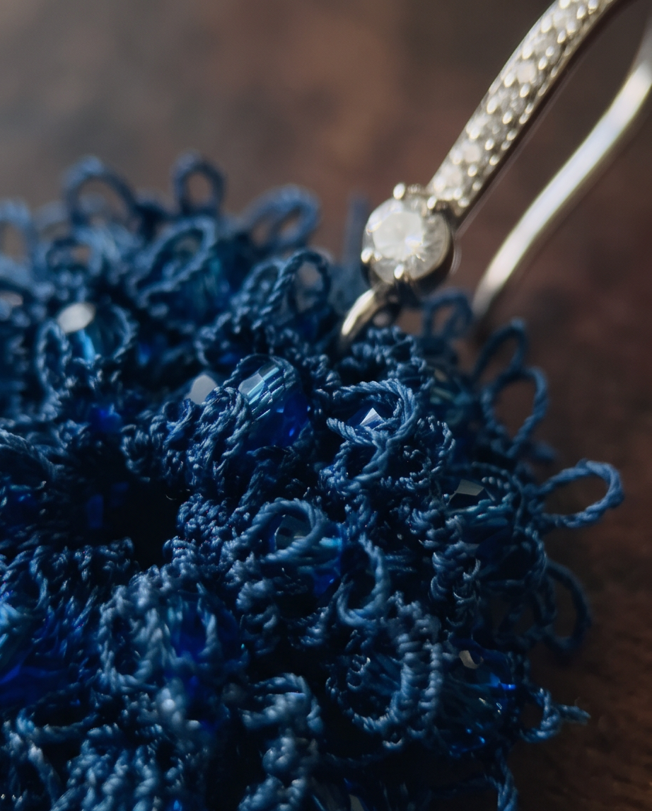 PRE-ORDER Blue Cornflower Tatting Earrings – Handmade Lace Earrings with Sterling Silver Hooks, Zirconia & Crystal Beads