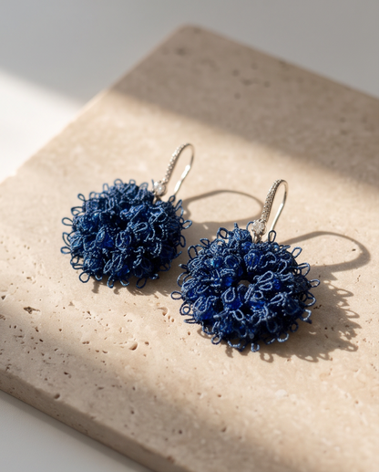 PRE-ORDER Blue Cornflower Tatting Earrings – Handmade Lace Earrings with Sterling Silver Hooks, Zirconia & Crystal Beads
