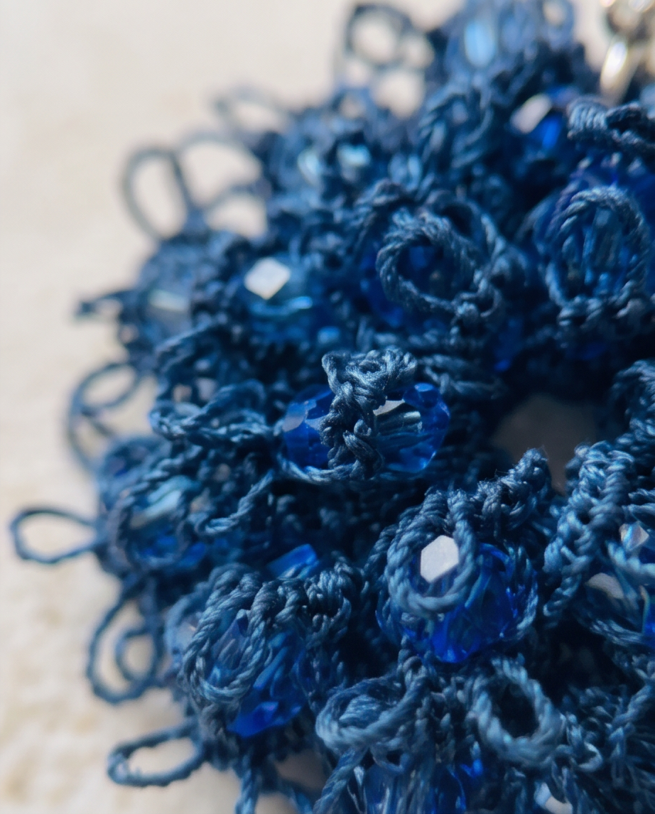 PRE-ORDER Blue Cornflower Tatting Earrings – Handmade Lace Earrings with Sterling Silver Hooks, Zirconia & Crystal Beads