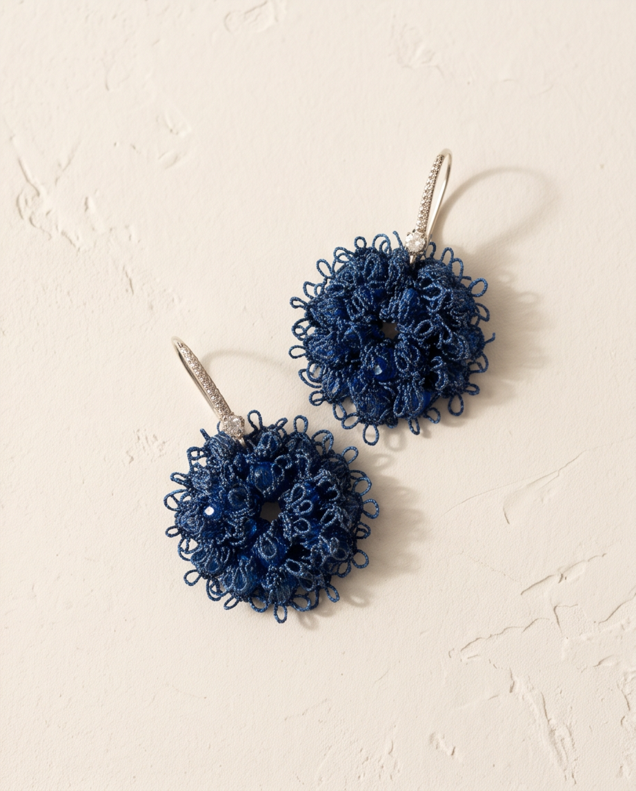 PRE-ORDER Blue Cornflower Tatting Earrings – Handmade Lace Earrings with Sterling Silver Hooks, Zirconia & Crystal Beads