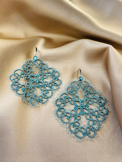 Tatted Lace Earrings: Aqua Blue Filigree, Sterling Silver