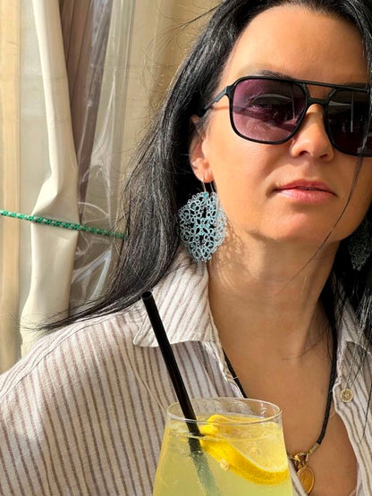 Tatted Lace Earrings: Aqua Blue Filigree, Sterling Silver