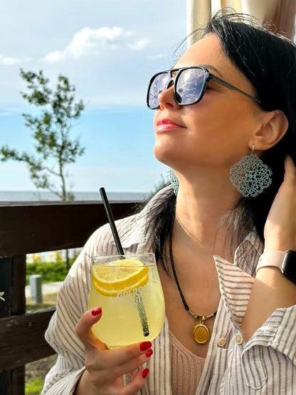 Tatted Lace Earrings: Aqua Blue Filigree, Sterling Silver