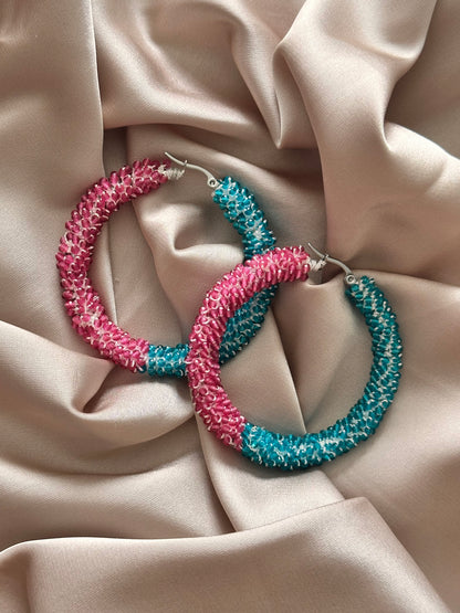 Tatting Hoop Earrings: Pink & Turquoise Glass Beads, Stainless Steel