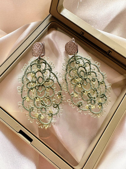 Handcrafted Tatting Earrings with Peridot Beads | Silver Hook
