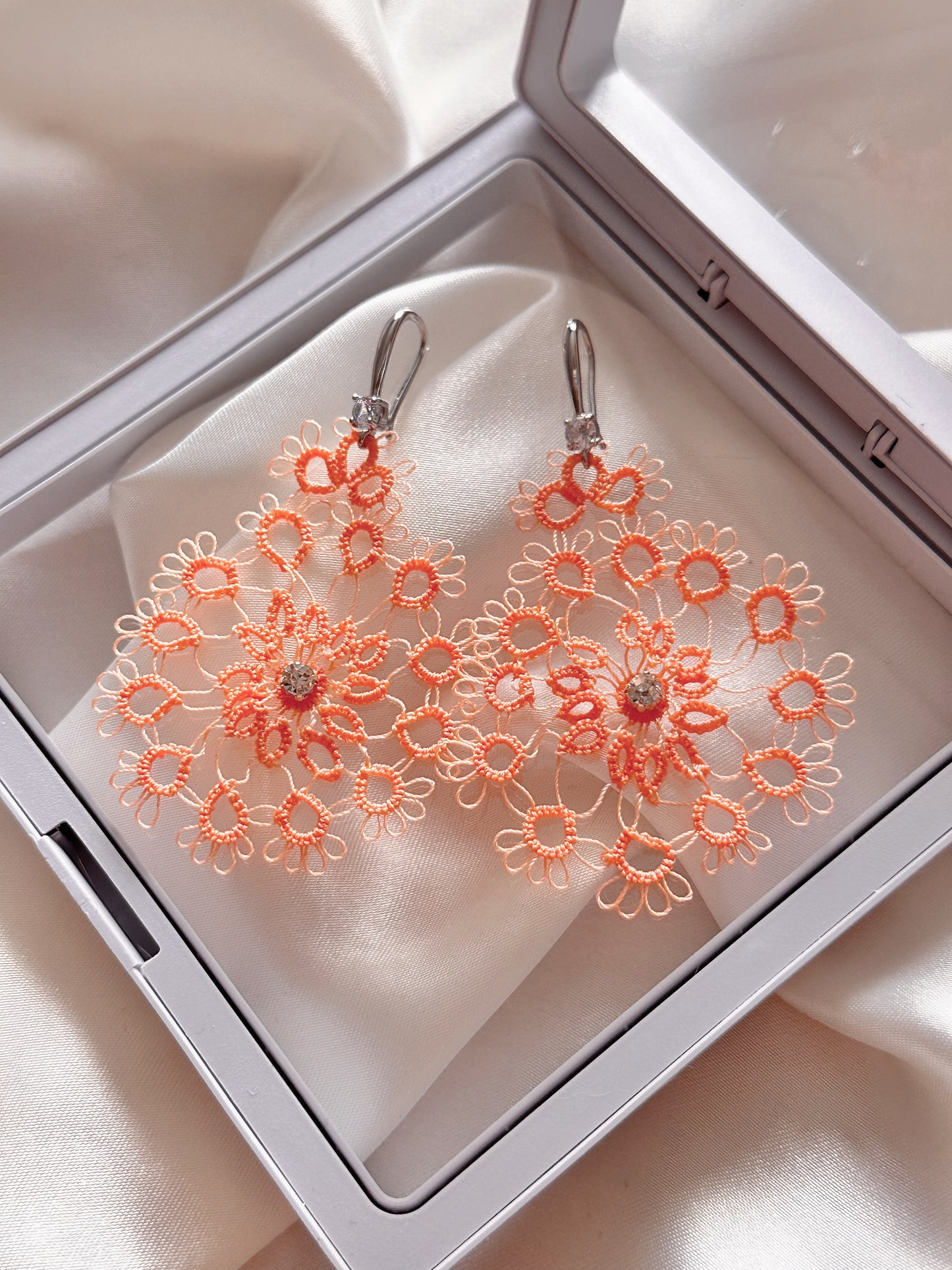 Peach Blossom – Handcrafted Tatted Lace Earrings with Zircon Accent