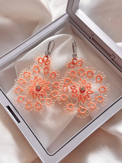 Peach Blossom – Handcrafted Tatted Lace Earrings with Zircon Accent