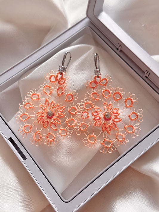 Peach Blossom – Handcrafted Tatted Lace Earrings with Zircon Accent