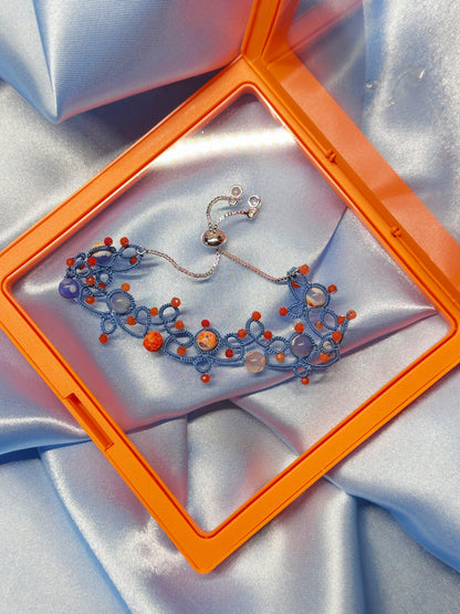 Handcrafted Tatting Bracelet – Fire Agate & Orange Aventurine | Adjustable Length | Blue Lace
