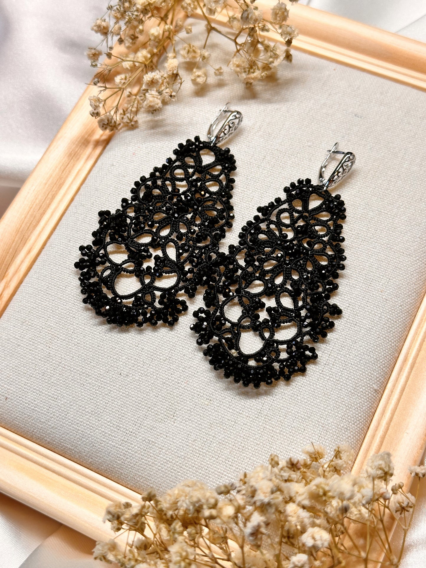Elegant Black Lace Earrings with 925 Sterling Silver Hooks and Glass Beads