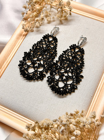 Elegant Black Lace Earrings with 925 Sterling Silver Hooks and Glass Beads