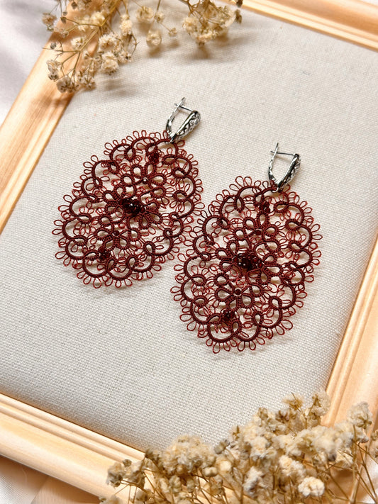 Burgundy Lace Earrings – Tatting Jewelry with Glass Beads and 925 Silver Hooks