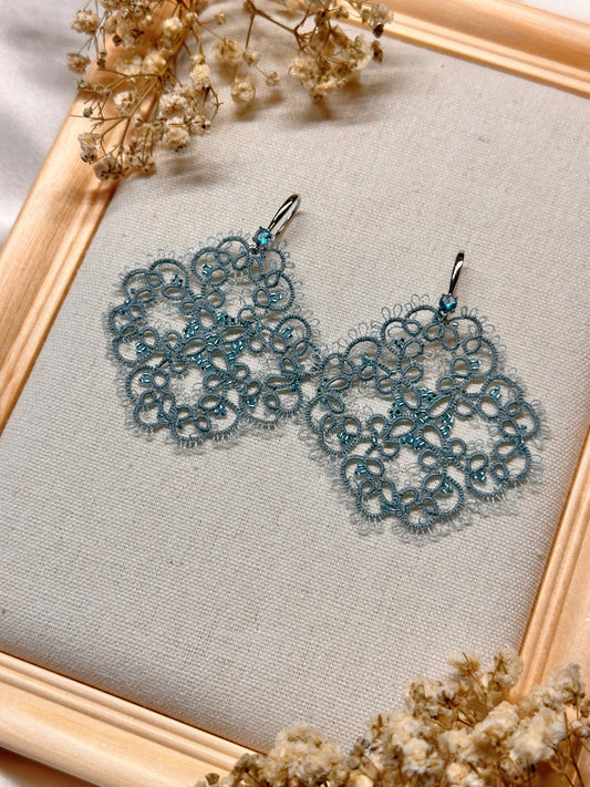 Tatted Lace Earrings: Aqua Blue Filigree, Sterling Silver