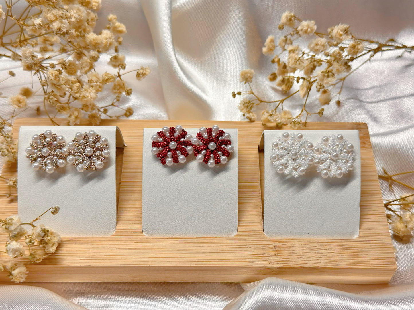 Handcrafted Tatted Lace Pearl Jewelry Set: Stainless Steel Stud Earrings & Adjustable Ring