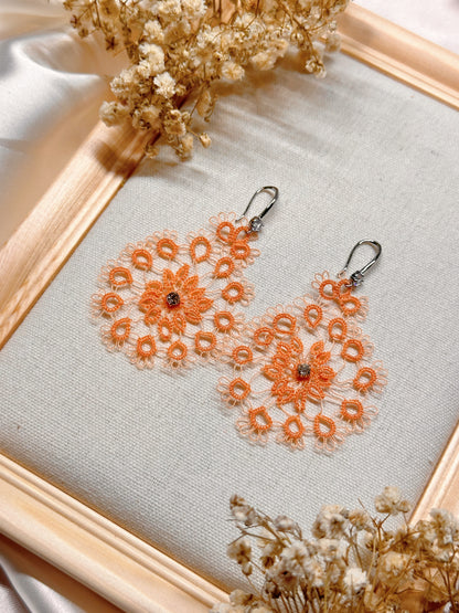 Peach Blossom – Handcrafted Tatted Lace Earrings with Zircon Accent