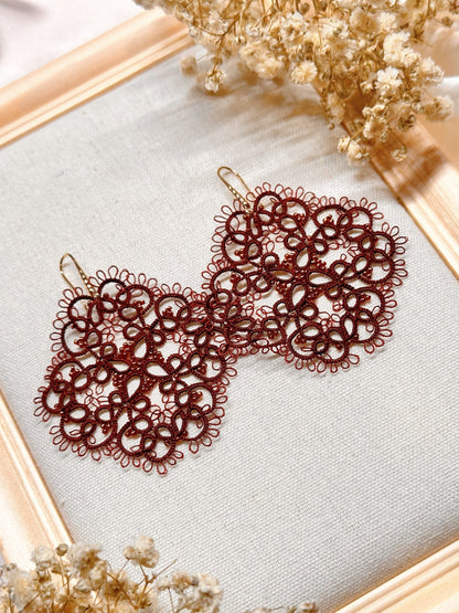 Burgundy Tatting Lace Earrings: 14K Gold Plated, Frivolité Jewelry
