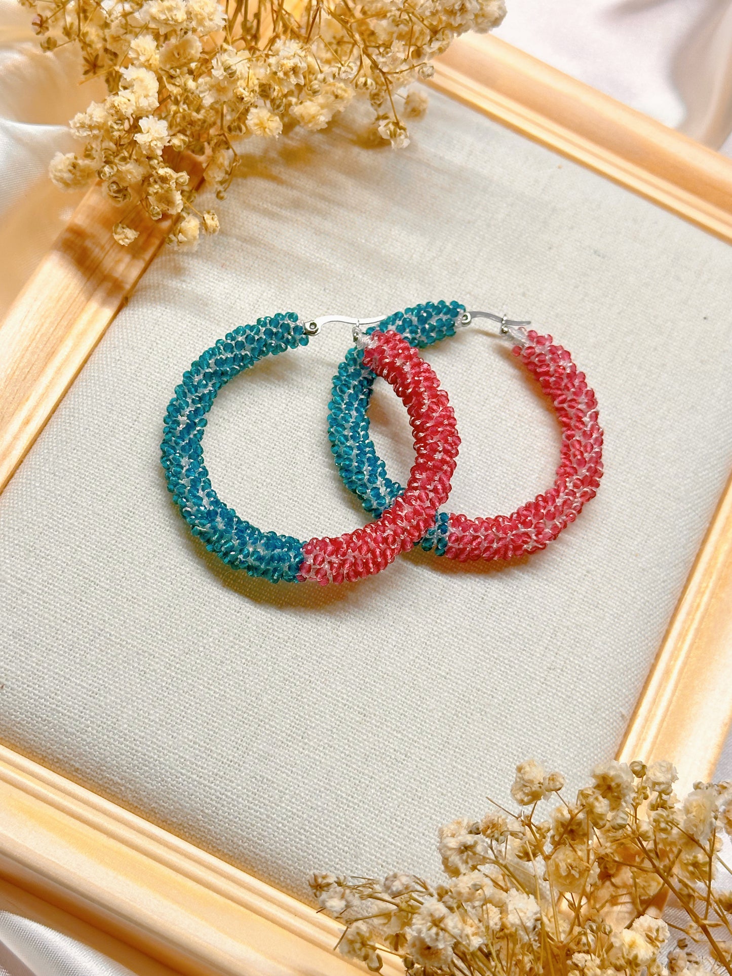 Tatting Hoop Earrings: Pink & Turquoise Glass Beads, Stainless Steel