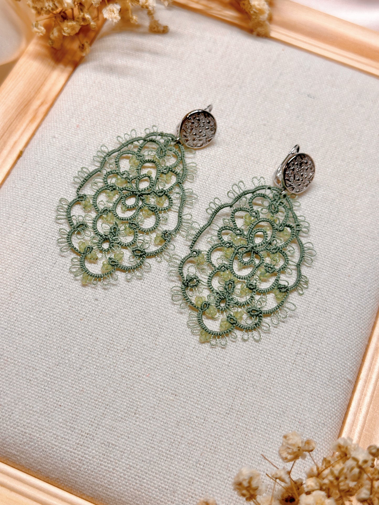 Handcrafted Tatting Earrings with Peridot Beads | Silver Hook