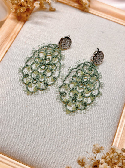 Handcrafted Tatting Earrings with Peridot Beads | Silver Hook