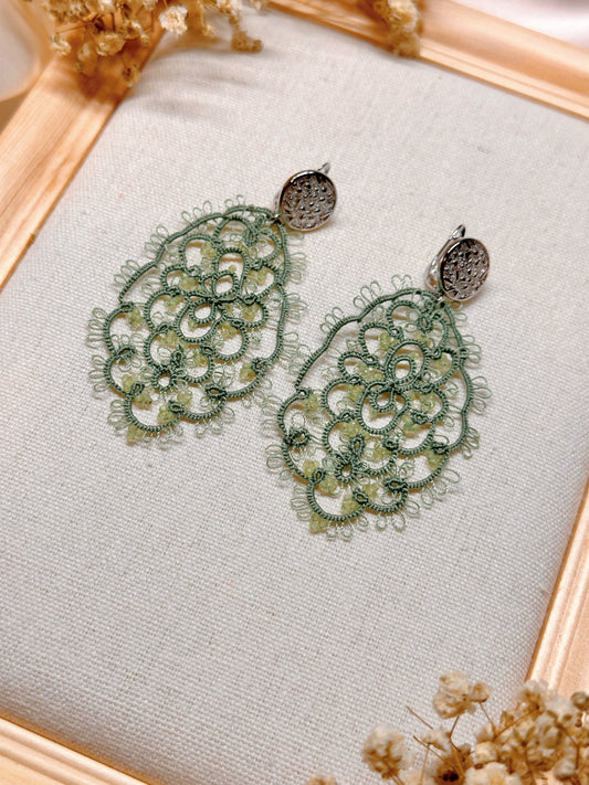 Handcrafted Tatting Earrings with Peridot Beads | Silver Hook