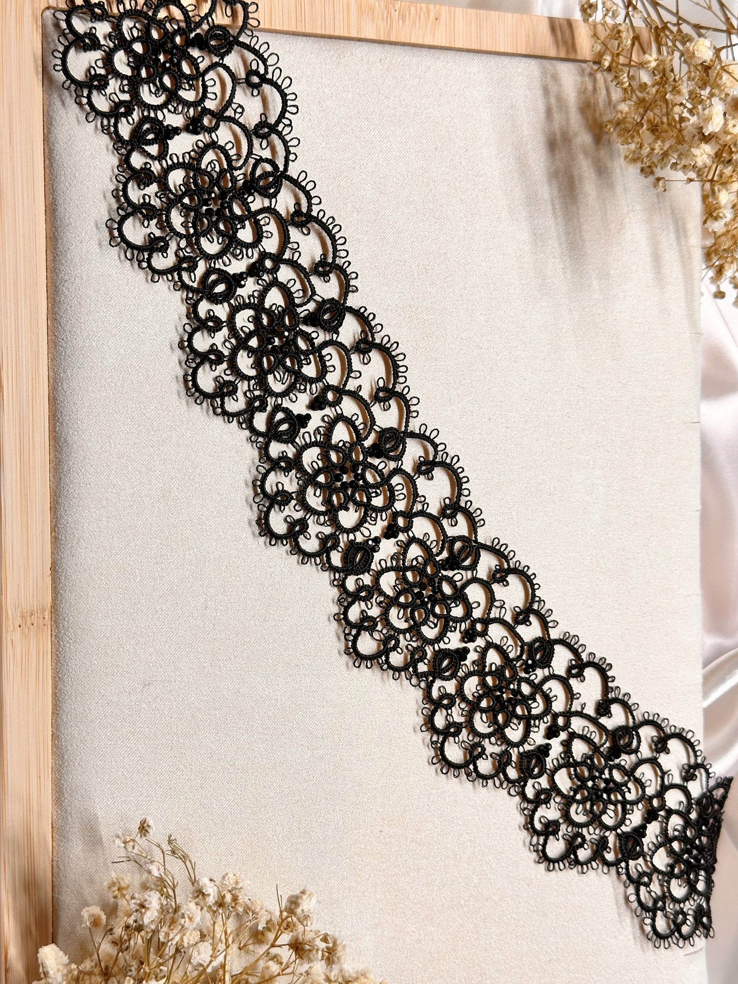 Black Lace Choker with Faceted Glass Beads & 925 Sterling Silver Clasp