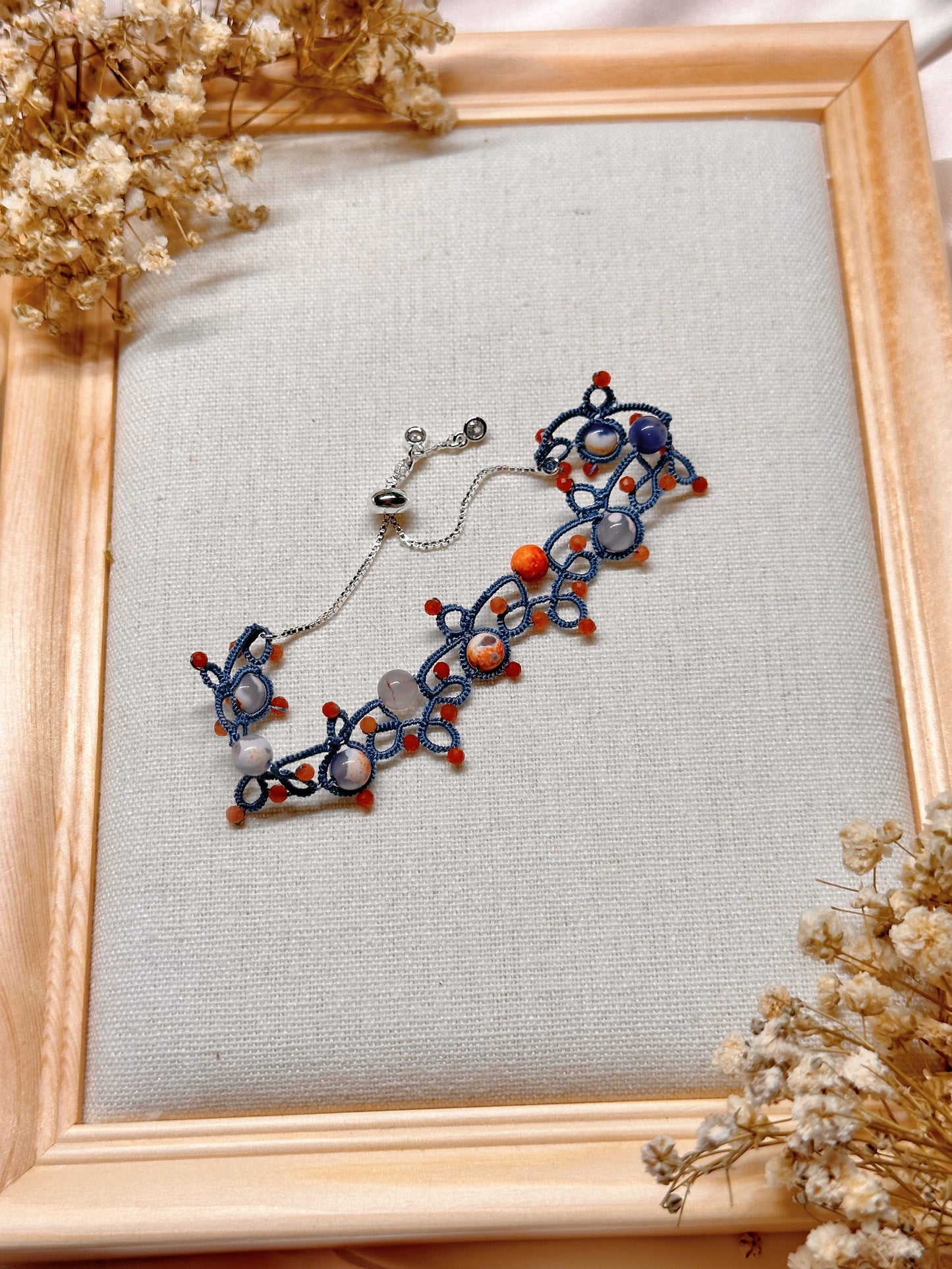 Handcrafted Tatting Bracelet – Fire Agate & Orange Aventurine | Adjustable Length | Blue Lace