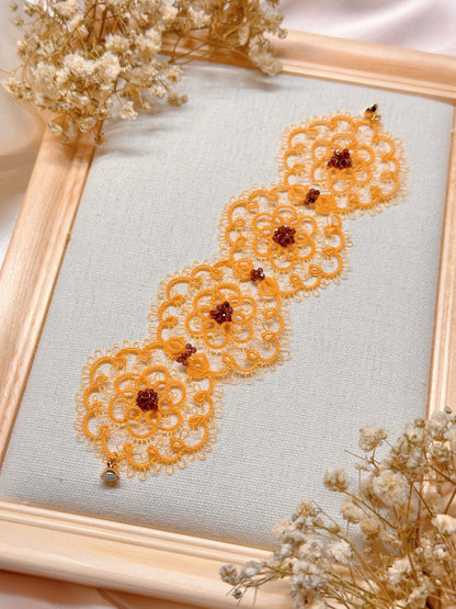 Floral Orange Lace Bracelet with Garnet Beads – Handcrafted Tatting Jewelry, 16 cm