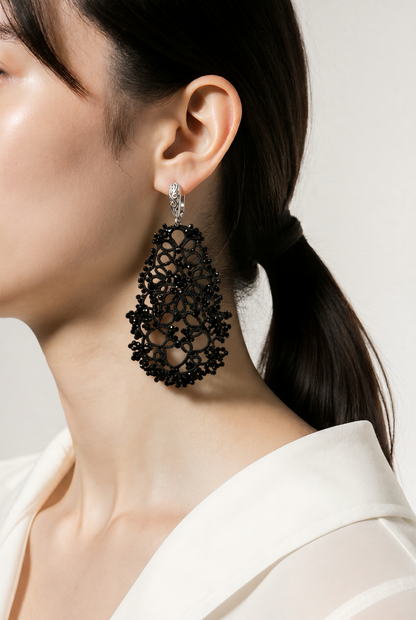 Elegant Black Lace Earrings with 925 Sterling Silver Hooks and Glass Beads