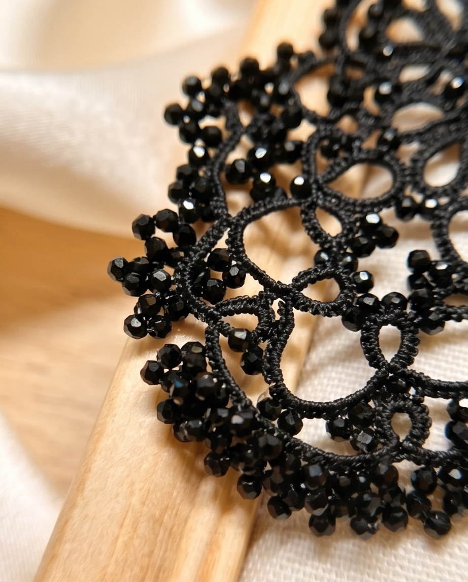 Elegant Black Lace Earrings with 925 Sterling Silver Hooks and Glass Beads