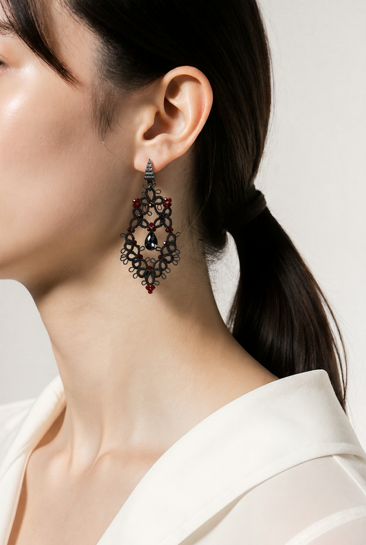 Dark Romance - Black Lace Earrings with Zircons and 925 Silver Findings