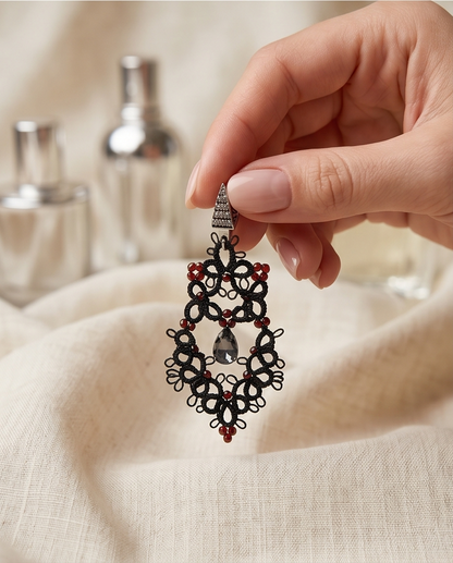 Dark Romance - Black Lace Earrings with Zircons and 925 Silver Findings