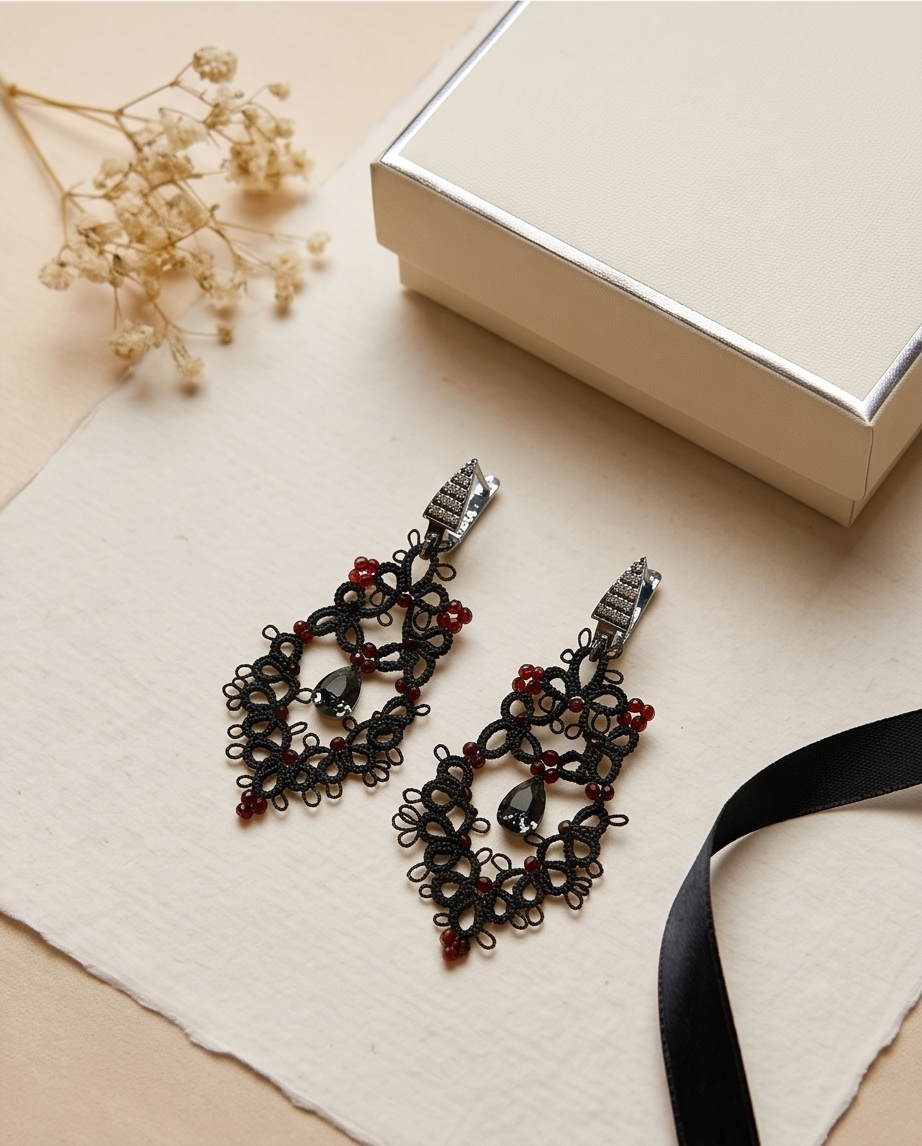 Dark Romance - Black Lace Earrings with Zircons and 925 Silver Findings