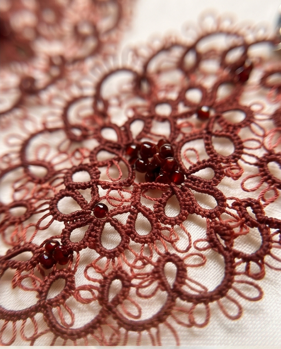 Burgundy Lace Earrings – Tatting Jewelry with Glass Beads and 925 Silver Hooks