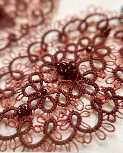 Burgundy Lace Earrings – Tatting Jewelry with Glass Beads and 925 Silver Hooks