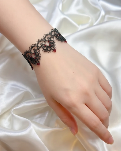 Dark Romance - Black Lace Bracelet with Red Beads and 925 Silver Clasp