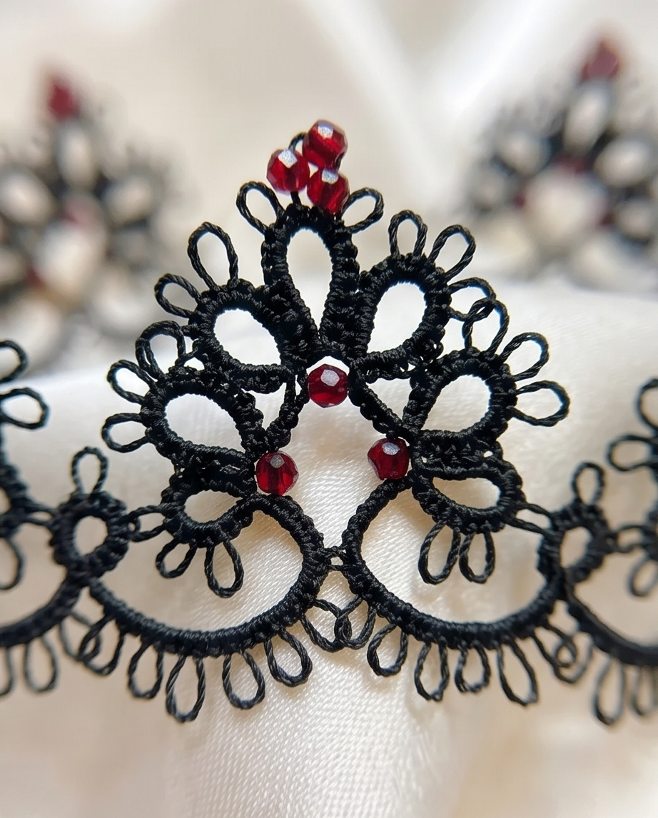 Dark Romance - Black Lace Bracelet with Red Beads and 925 Silver Clasp