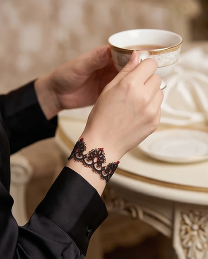 Dark Romance - Black Lace Bracelet with Red Beads and 925 Silver Clasp