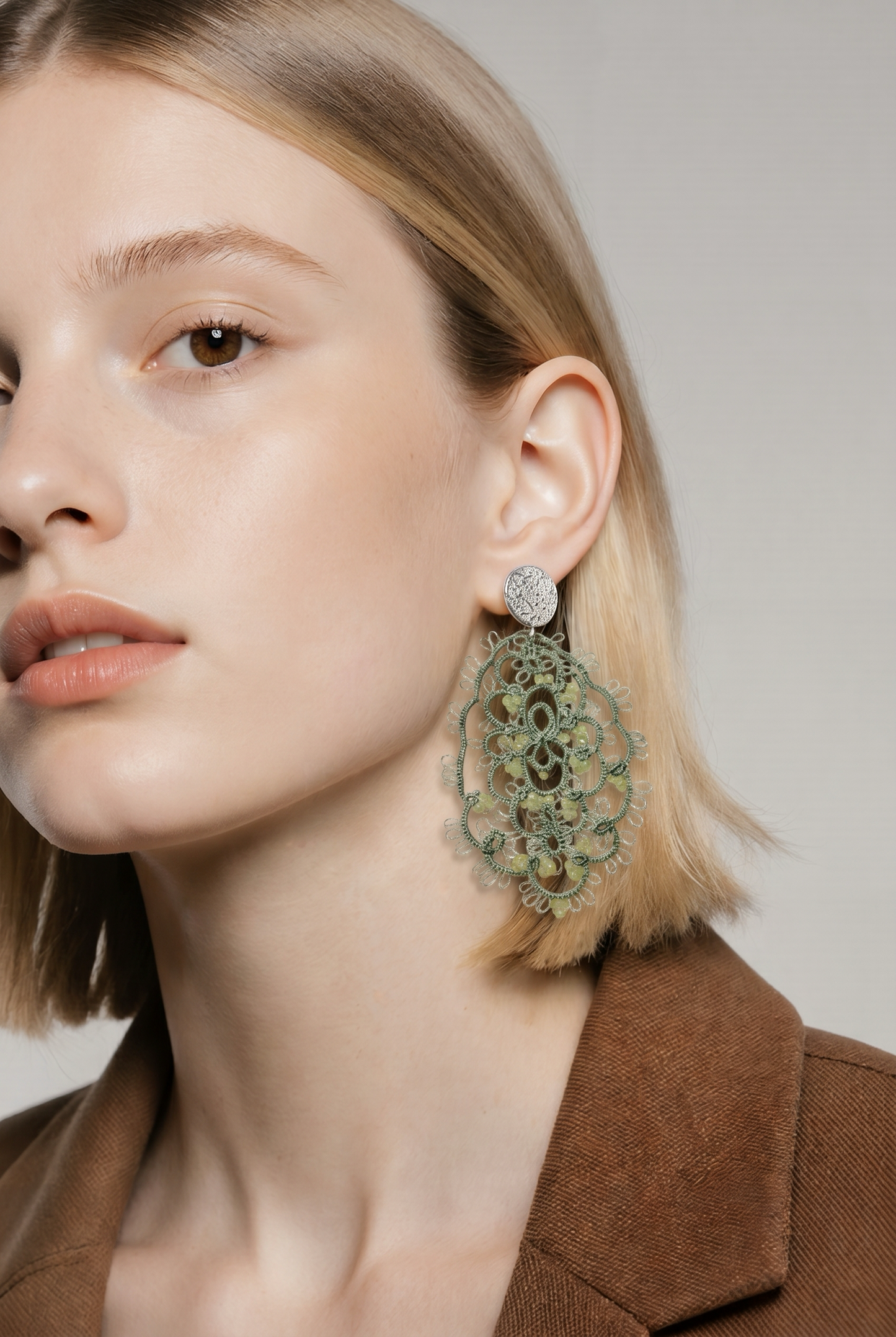 Handcrafted Tatting Earrings with Peridot Beads | Silver Hook