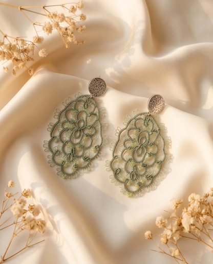 Handcrafted Tatting Earrings with Peridot Beads | Silver Hook