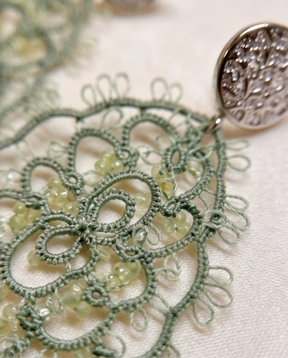 Handcrafted Tatting Earrings with Peridot Beads | Silver Hook