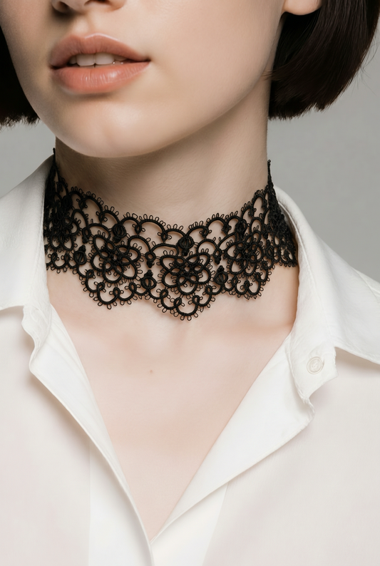 Black Lace Choker with Faceted Glass Beads & 925 Sterling Silver Clasp