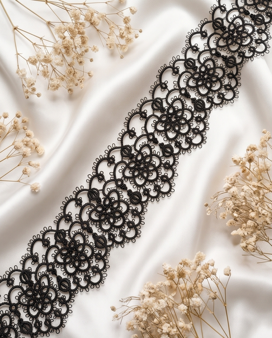 Black Lace Choker with Faceted Glass Beads & 925 Sterling Silver Clasp