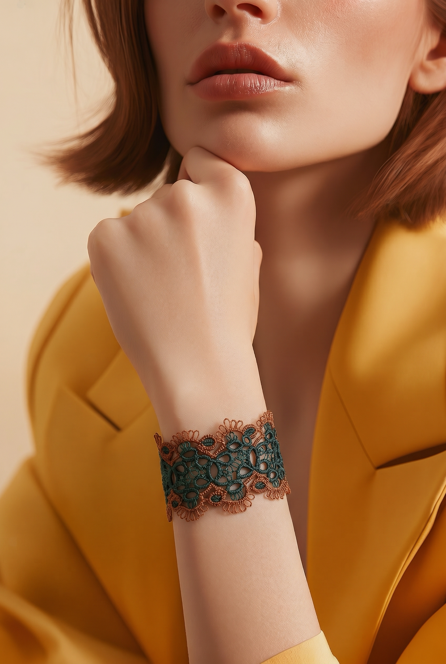 Tatting Lace Bracelet – Two Color Options – Autumn leaves  and Bridal white– 16 cm
