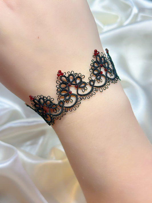 Dark Romance - Black Lace Bracelet with Red Beads and 925 Silver Clasp