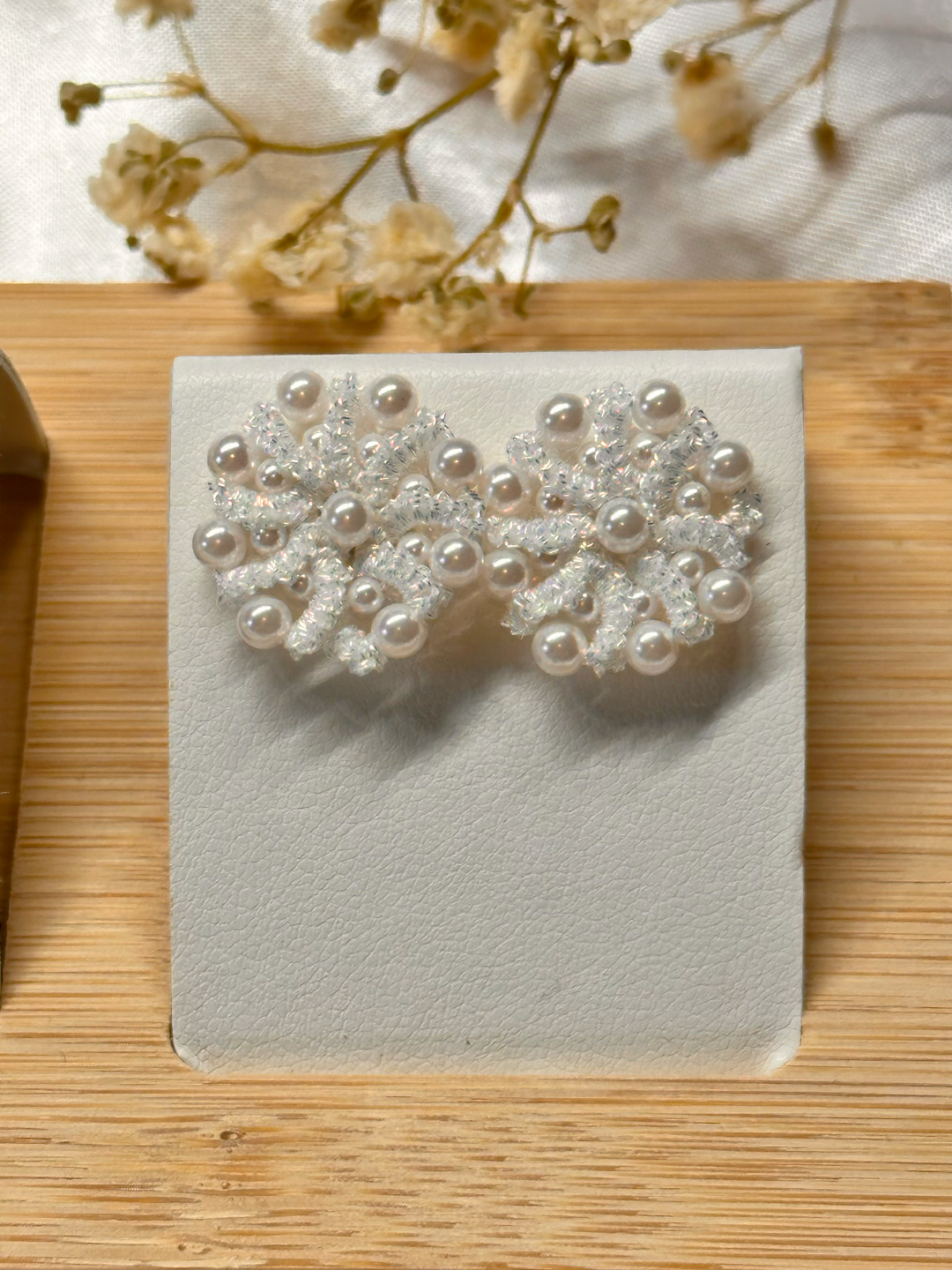 Handcrafted Tatted Lace Pearl Jewelry Set: Stainless Steel Stud Earrings & Adjustable Ring